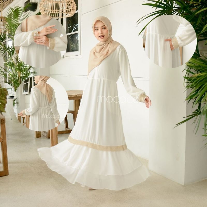 Gamis Muslimah Ceruti Renda Susun ready siap kirim Full Furing Premium Ld 110 Busui Bisa COD putih