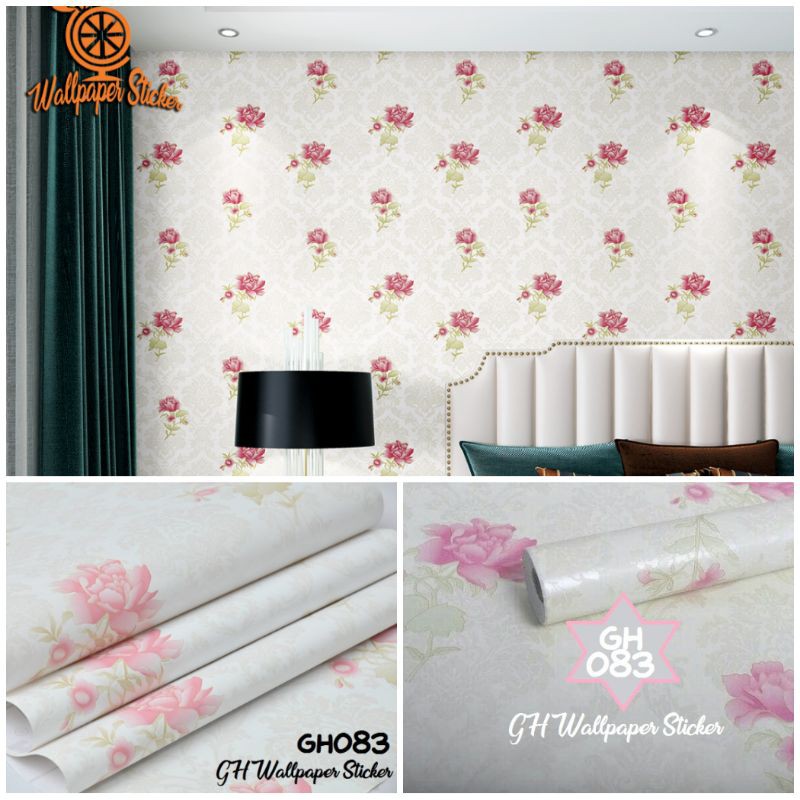 Wallpaper Sticker Dinding Motif Bunga Mawar Pink Dasar Putih GH083