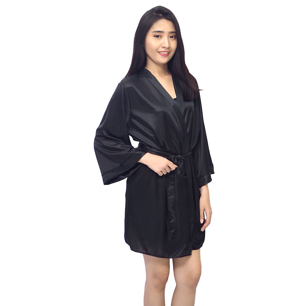 FOLVA kimono set baju tidur satin 1341BSET hitam all size