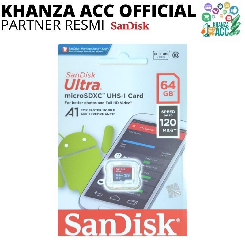 KHANZAACC Memory Card SanDisk Ultra Micro SD Card 64GB UHS-I A1 up to 120Mbps Memori HP