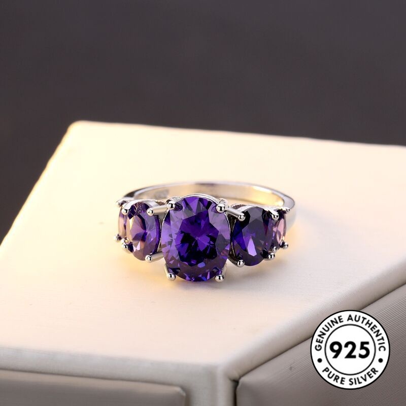 Cincin Sterling Silver 925 Simple Elegan Dengan Batu Amethyst Untuk Wanita