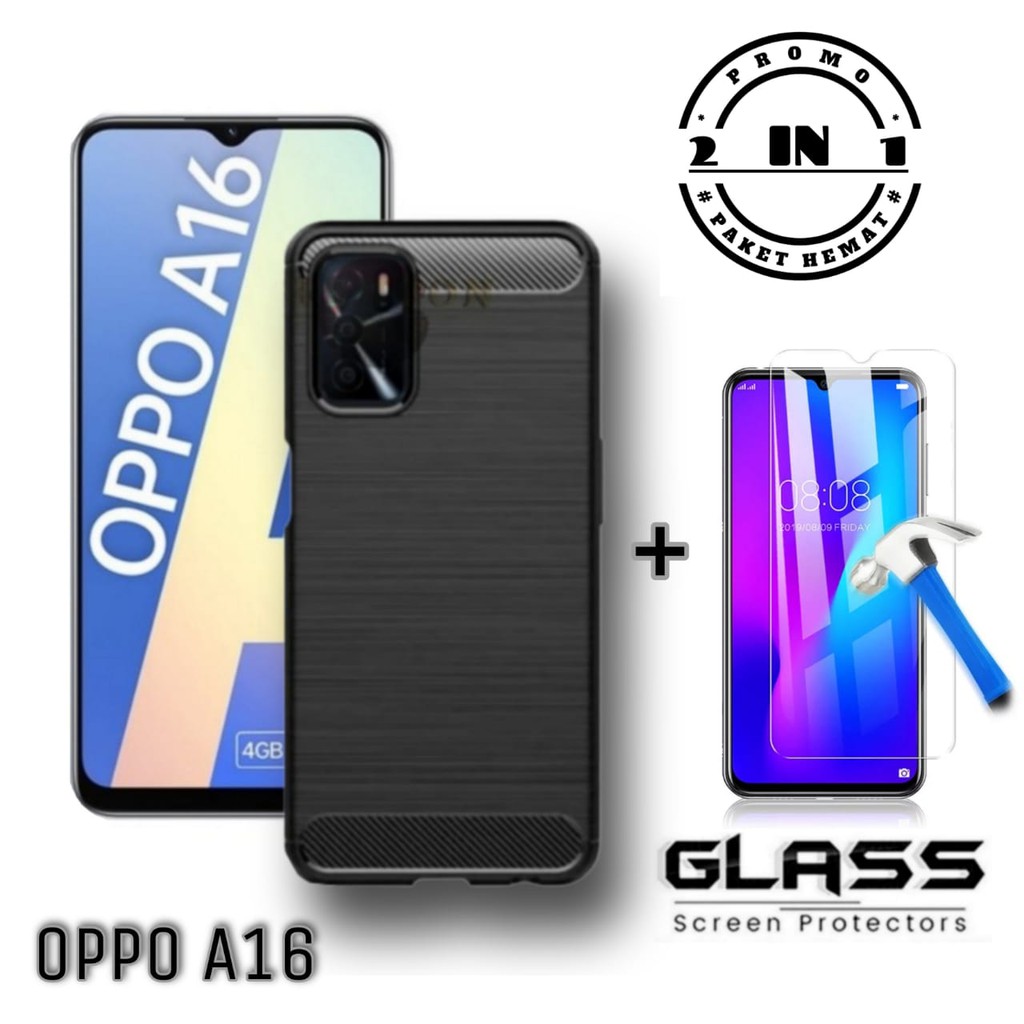 Case OPPO A16 Paket 2in1 Carbon IPAKY Carbon Case Premium Free Tempered Glass Clear Layar
