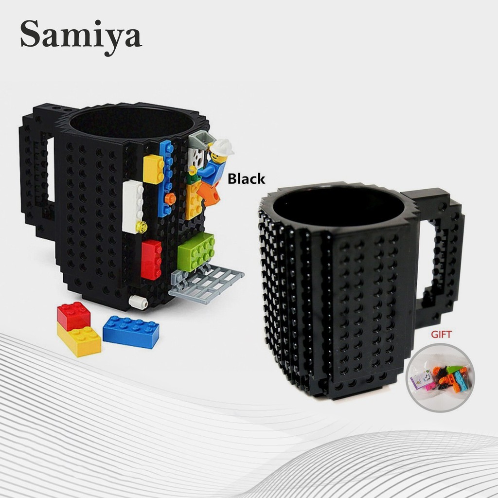 gelas mug lego build-on brick black / gelas minuman unik model lego / puzzle mug