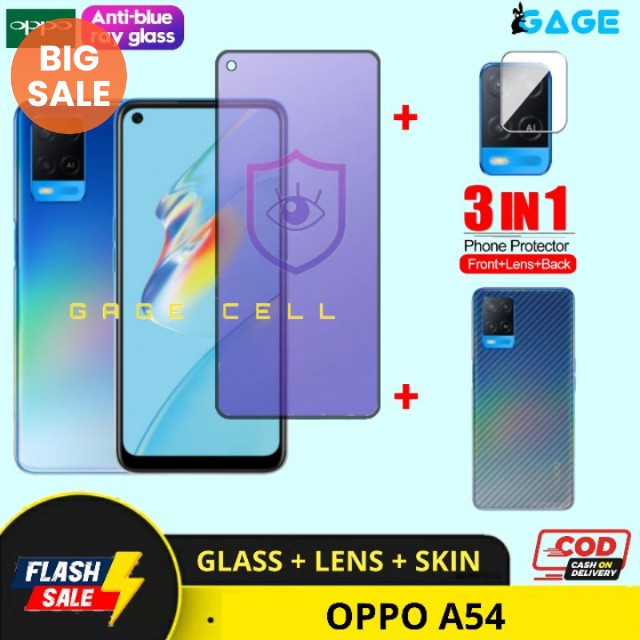 PAKET 3 IN 1 TEMPERED GLASS ANTI RADIASI BLUE LIGHT OPPO A54 FULL LAYAR SCREEN PROTECTOR PREMIUM