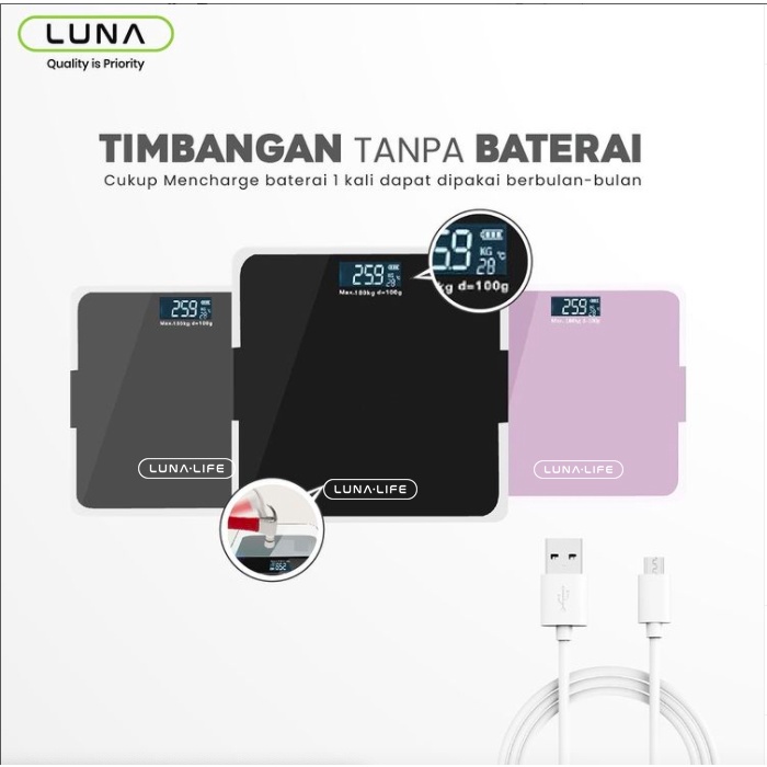 Lunalife Timbangan Badan Digital With USB Charging Anti Pecah With LCD GARANSI 3 TAHUN Official