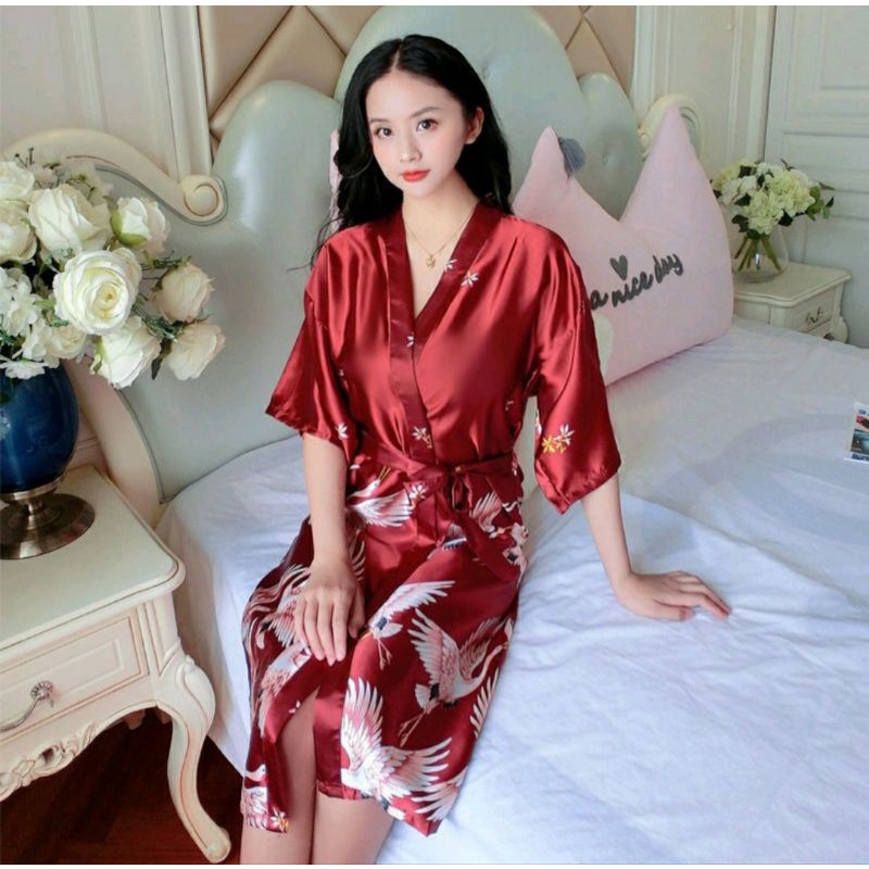pajamas piyama kimono jumbo premium wanita dewasa impor baju tidur sexy kimono satin motif import