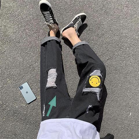 Celana jeans pria sobek hitam korean style fashion celana robek jins smiley straight baggy jeans oversize celana gombrang celana panjang cowok cutbray jeans boyfriend jeans2023