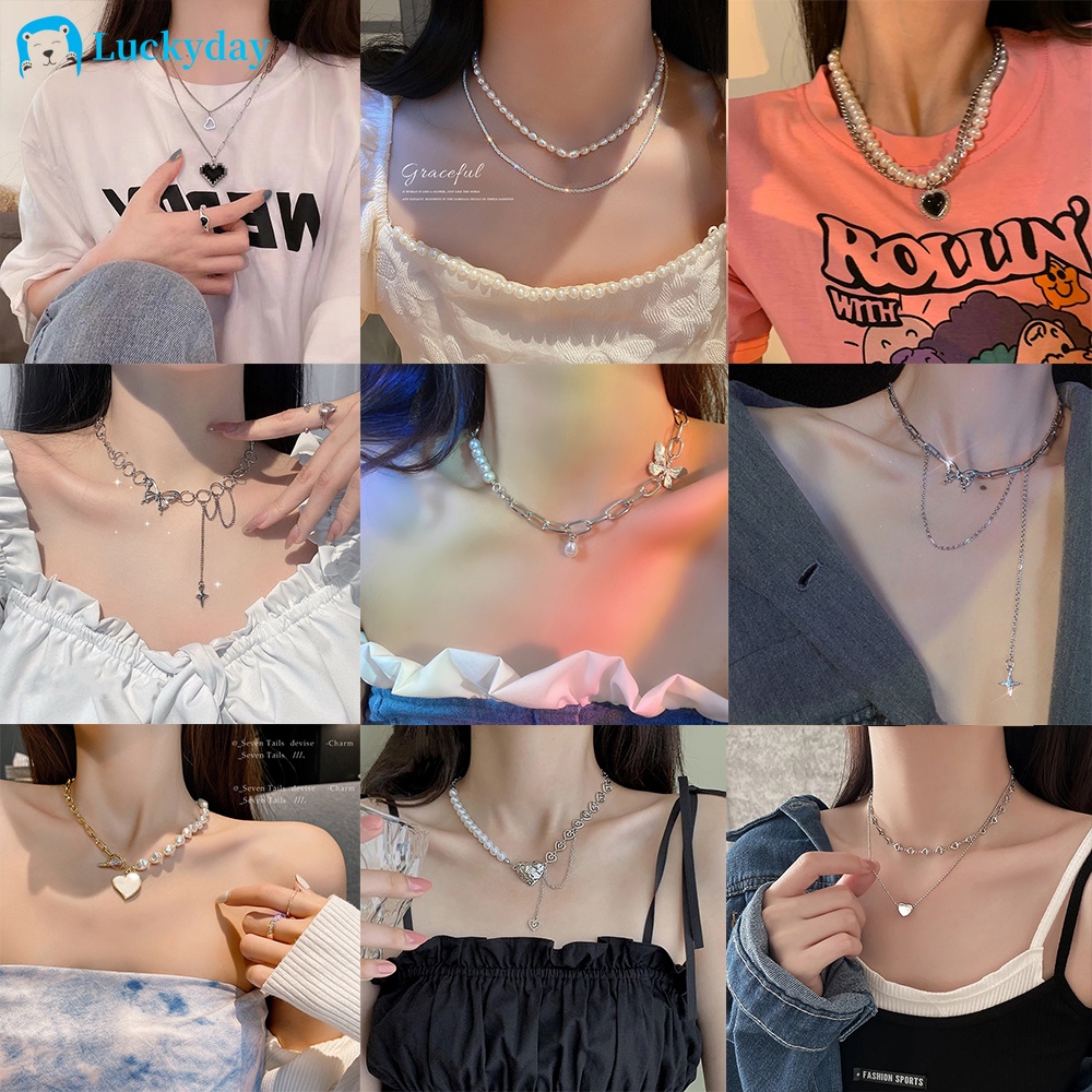 YEEZII Retro Pearl Chain Necklaces Butterfly Heart Pendant Gold Silver Choker Necklace Multilayer Necklace for Women Accessories Jewelry