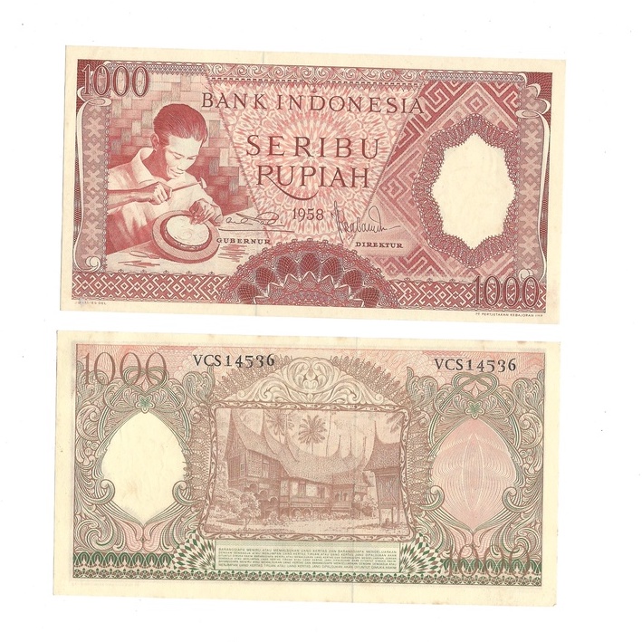 Uang kuno Indonesia 1000 Rupiah (Merah) 1958 Seri Pekerja Tangan I Fine & Extra Fine