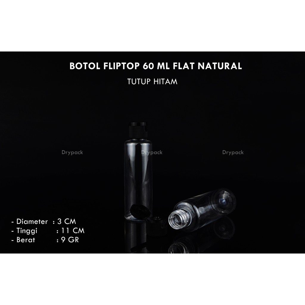 Botol fliptop 60 ml Flat Natural tutup Hitam