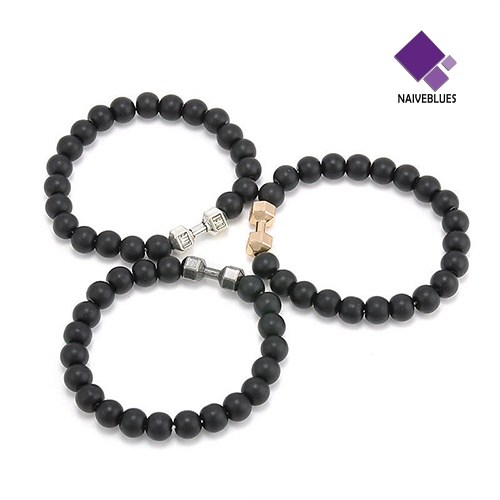 Naiveblue &gt; Gelang Tangan Unisex Dewasa Manik Batu Hitam Matte Adjustable Untuk Fitness / Gym