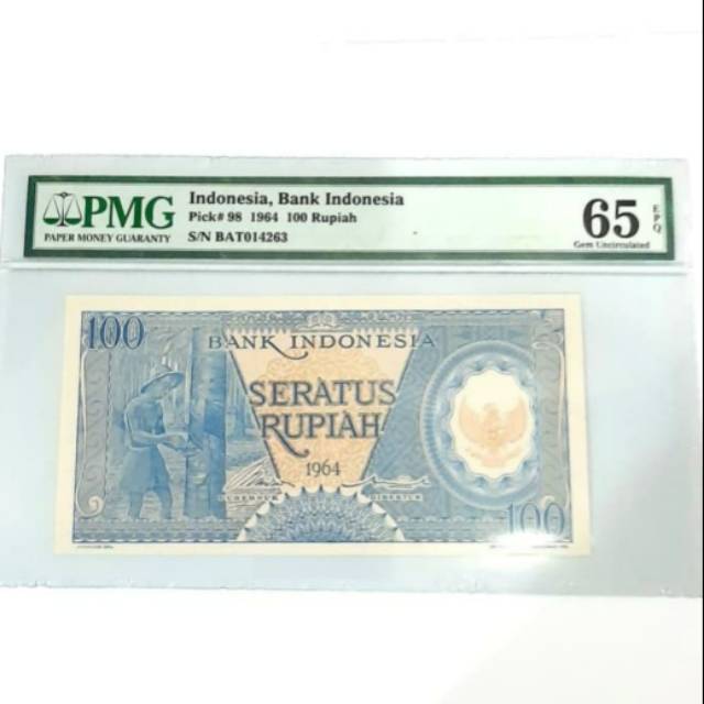Uang Kertas Kuno Seri Pekerja Tangan III 100 Rupiah Biru 1964 PMG 65 EPQ