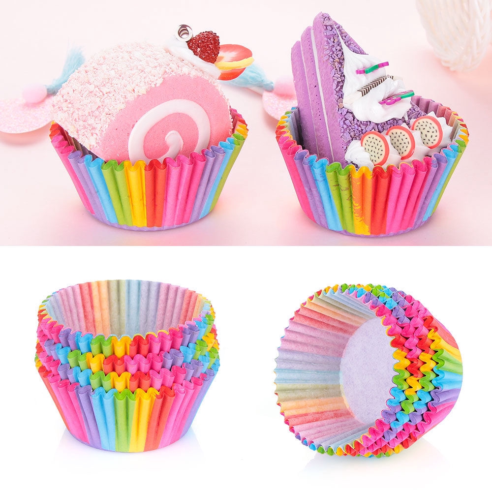 100pcs Kertas Cupcake / Muffin Anti Minyak Warna Pelangi Untuk Pesta