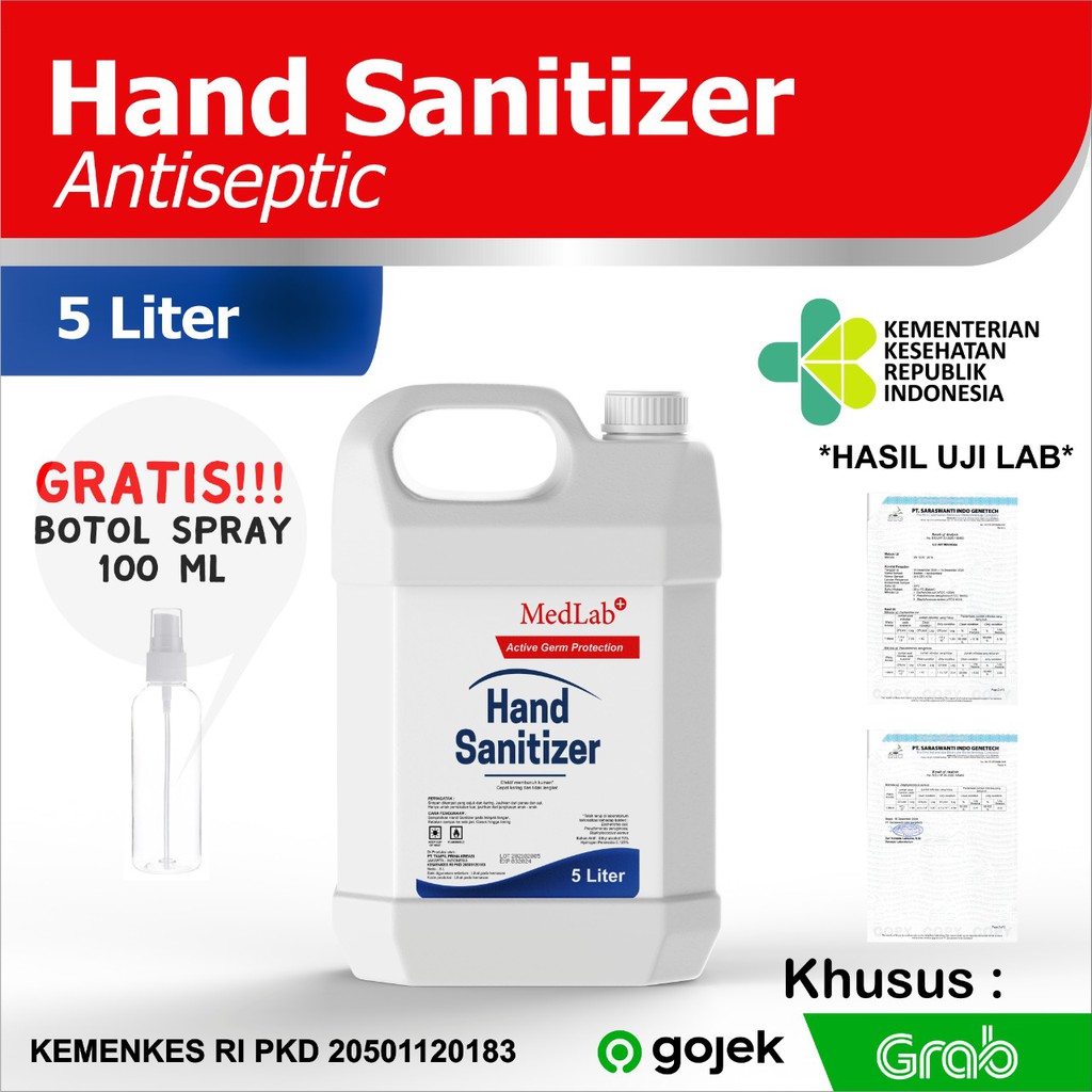 Hand sanitizer cair 5 liter MedLab antiseptik Alkohol 70% (Khusus GOJEK / GRAB)