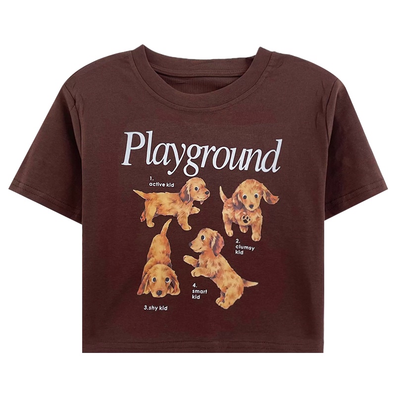 American Retro Super Cute Dog Huruf Cetak Musim Panas Peregangan Slim Leher Bulat Bahu Depan T-Shirt Top