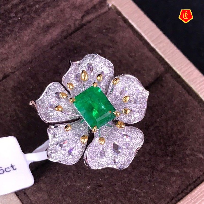 [Ready Stock]Micro-Inlaid Diamond Flower-Shaped Emerald Ring Women's Elegant Temperament
