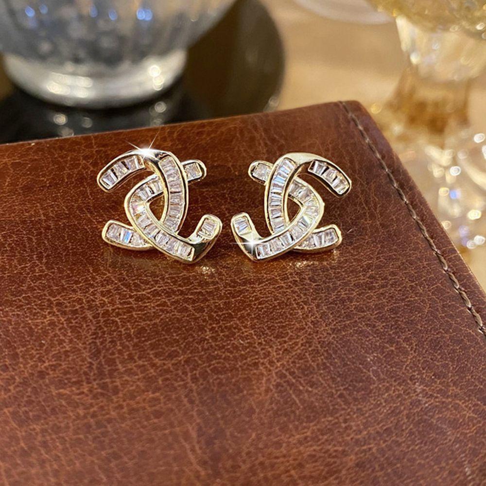 Needway C Huruf Anting Trendi Elegan Hadiah Cross Telinga Aksesoris Zirkon Wanita Stud Earrings