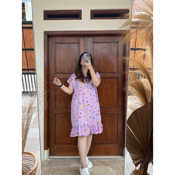 Daster Viral | Daster Ruffle Rayon | Daster Kekinian-Pelangi lillac