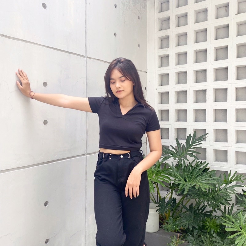 CROP TOP POLO KERAH V NECK RIB