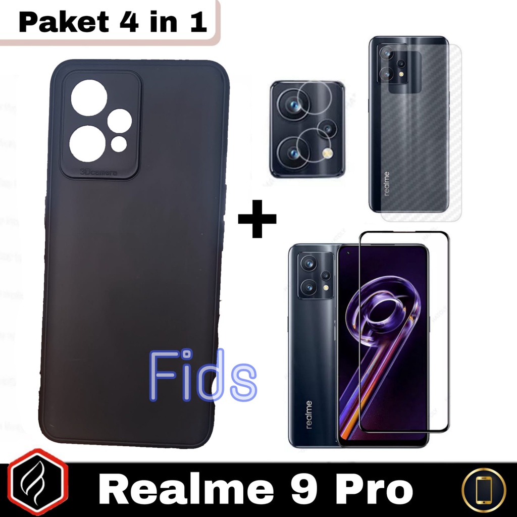 Paket 4 in 1 Case Realme 9 Pro Softcase Black Matte + Anti Gores Layar + Camera Glass Free Garskin Carbon | Casing Premium Slim Exellent Cover | Soft Matte | Soft Case Macaron