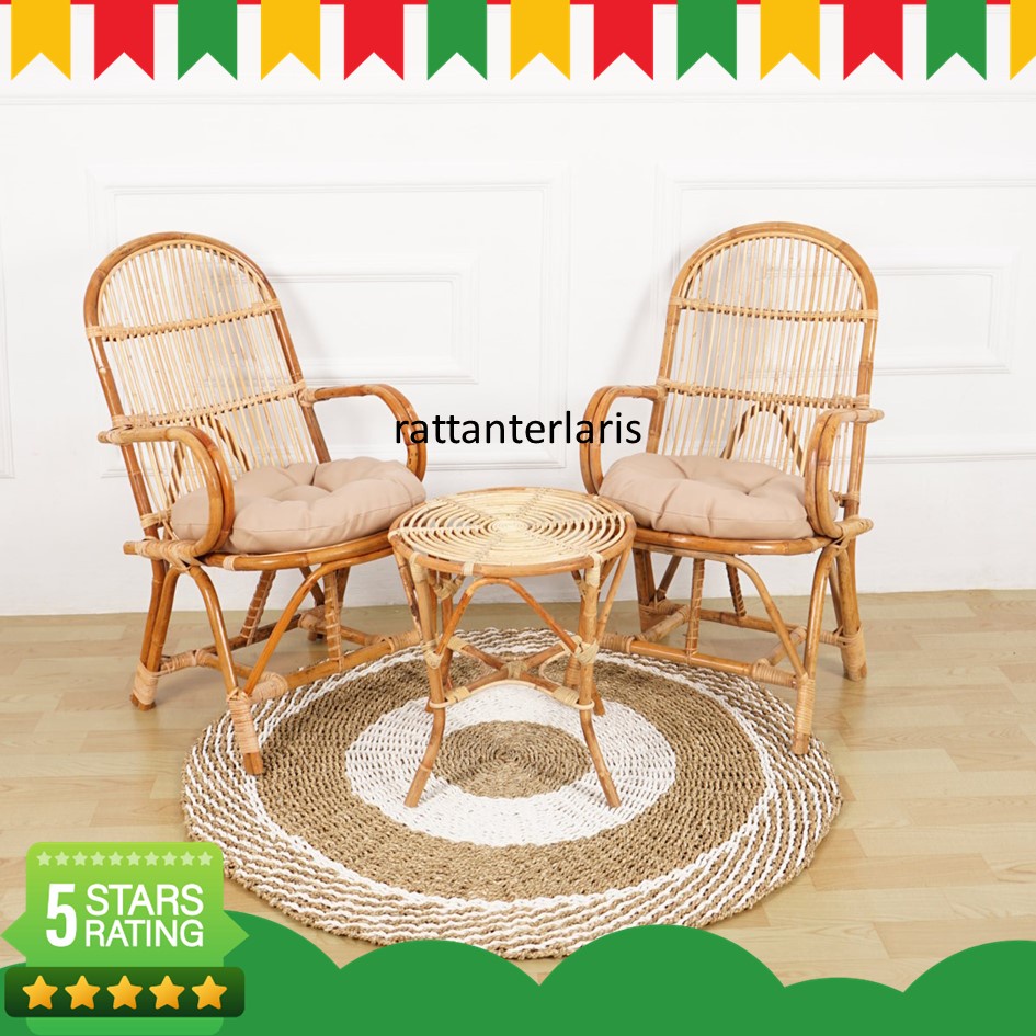 Kursi Teras Pengki Rotan Dan Bantal / Kursi Tamu Santai Rotan / Kursi Rotan Minimalis Finishing