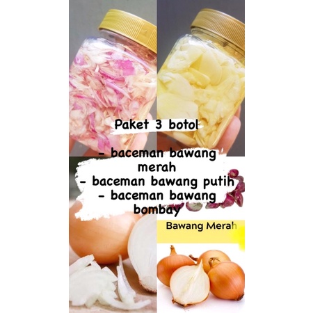 

Paket 3 botol 300ml baceman bawang merah sliced, bawang putih, bawang bombay, paket hemat baceman garlic oil