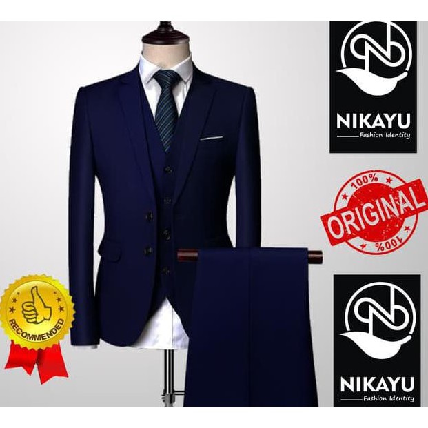 SETELAN BLAZER RESMI PRIA 4IN1 NEW MODRIC NAVY DOUBLE BUTTON HIGH TWIST INCLUDE CELANA DAN ROMPI