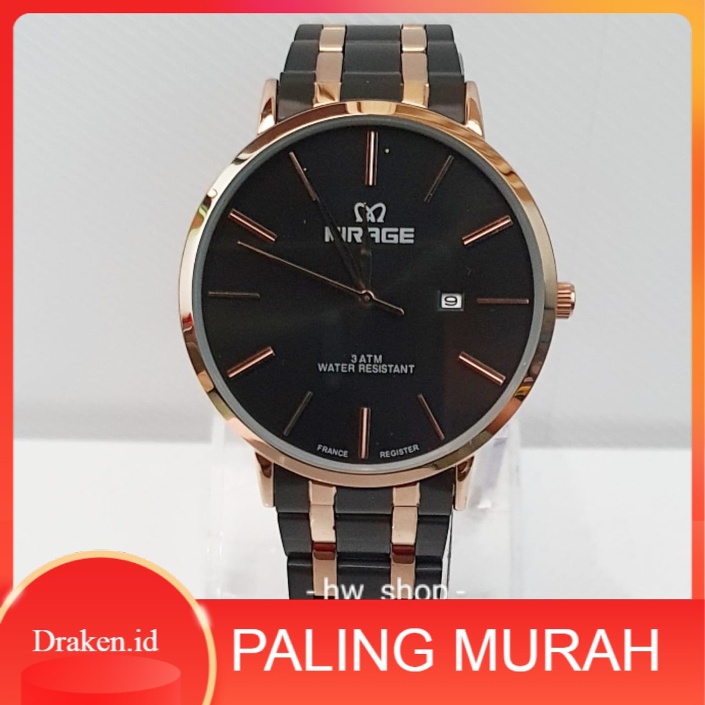 (COD) Jam Tangan Pria Mirage 8734 Hitam List Rosegold Original