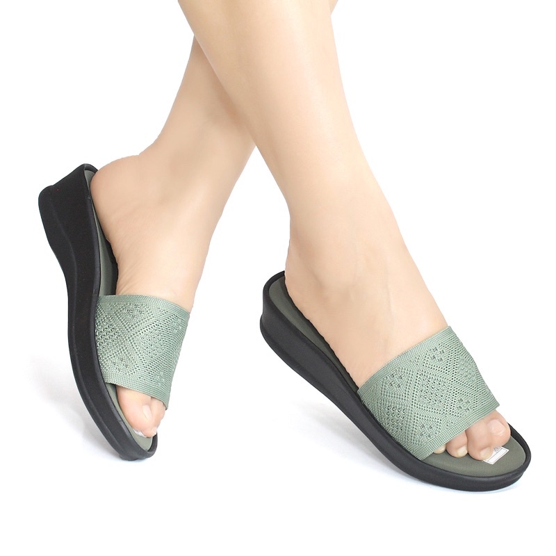WEDGES WANITA SANDAL 3,5cm TERBARU SELOP SENDAL KEKINIAN KARET RAJUT WADGES PEREMPUAN PESTA KONDANGAN CEWEK TINGGI SLOP SYA-Hijau (SYC)