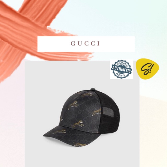 Gucci Tiger Monogrammed Cap Black Topi Gucci Authentic