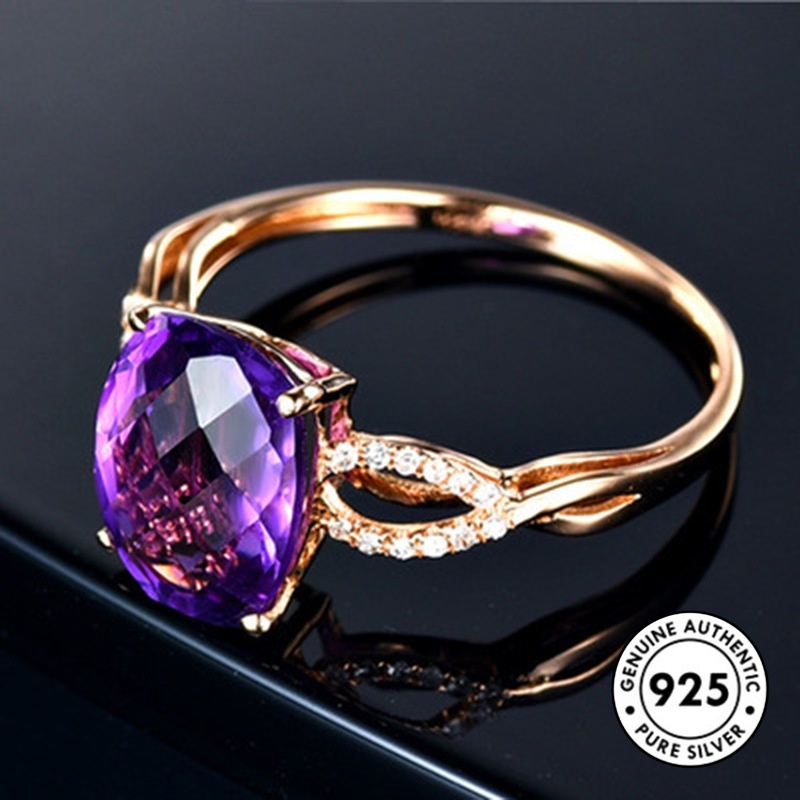 Cincin Lapis Silver 925 Model Terbuka Dengan Batu Amethyst Oval Warna Rose Gold Untuk Wanita