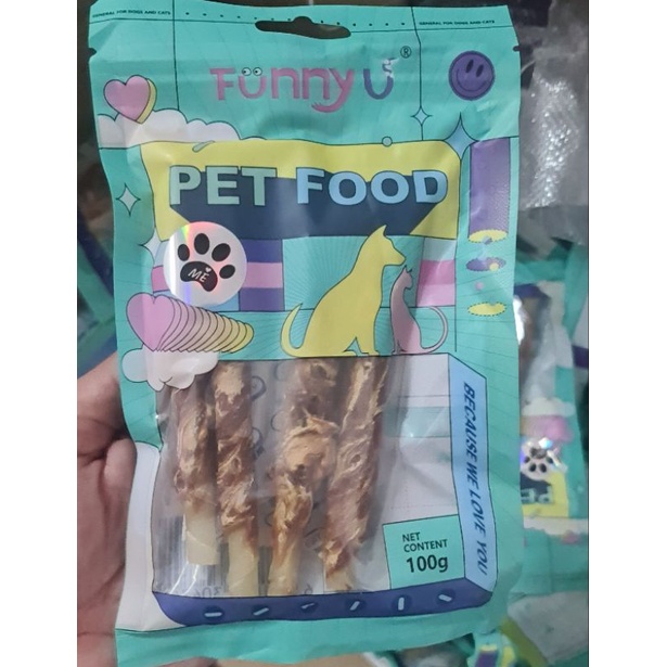 Pet Snack Anjing Kucing Makanan Rawhide dengan Daging 1 pak 100 gram