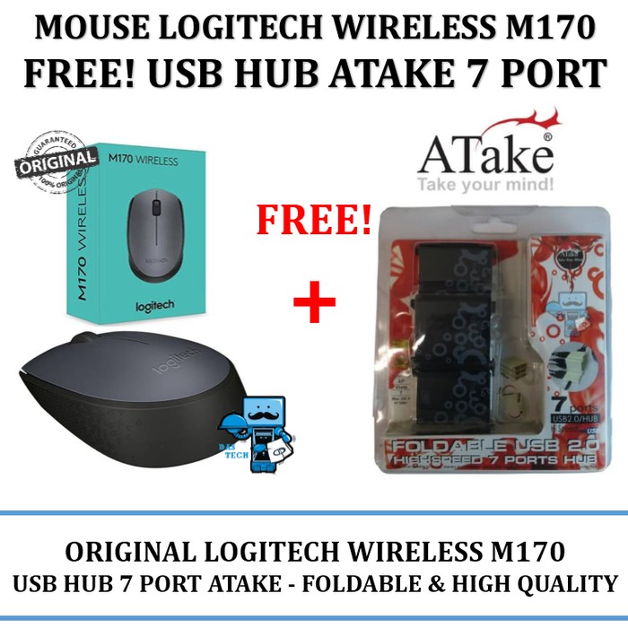 Mouse Wireless Logitech M170 FREE USB HUB 7 Port Atake