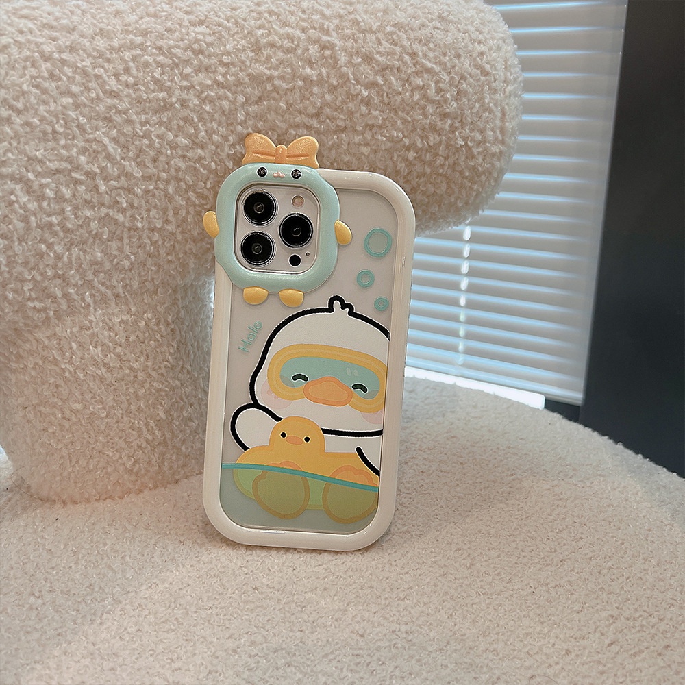 Case Pelindung Lensa Kamera 2 IN 1 Desain Monster Bebek Berenang 3D Untuk Iphone 11 12 13 14 PLUS PRO MAX