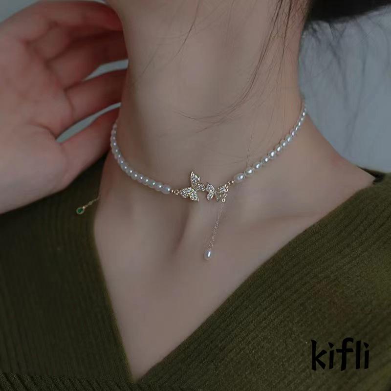 Butterfly Kalung Rantai Liontin Kupu-Kupu Hias Zircon + Mutiara Mewah Ringan Untuk Wanita (KD)