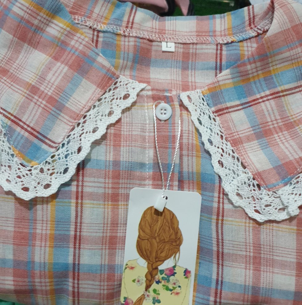 【impor】kemejawanita Kasual Kotak-kotak Renda