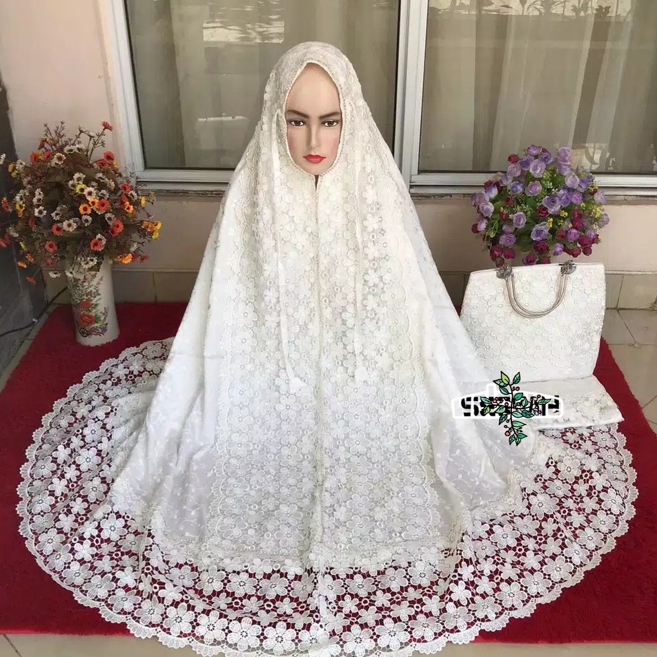 MUKENA MEWAH MUKNAH DEWASA SUTRA PREMIUM PRADA MOTIF BORDIR TERBARU 2021 TELEKUNG PUTIH JILBAB RUKUH