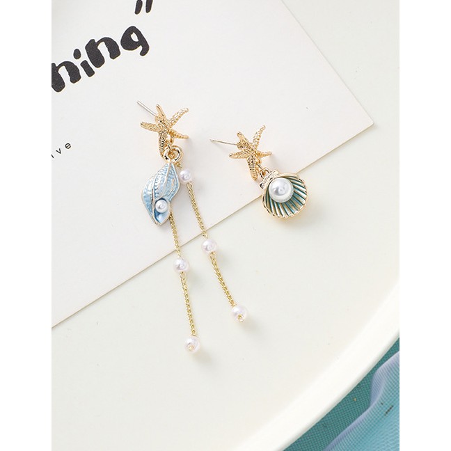 LRC Anting Tusuk Fashion 925 Silver Needle Starfish Shell Conch Fringe Asymmetric Earrings F7677X