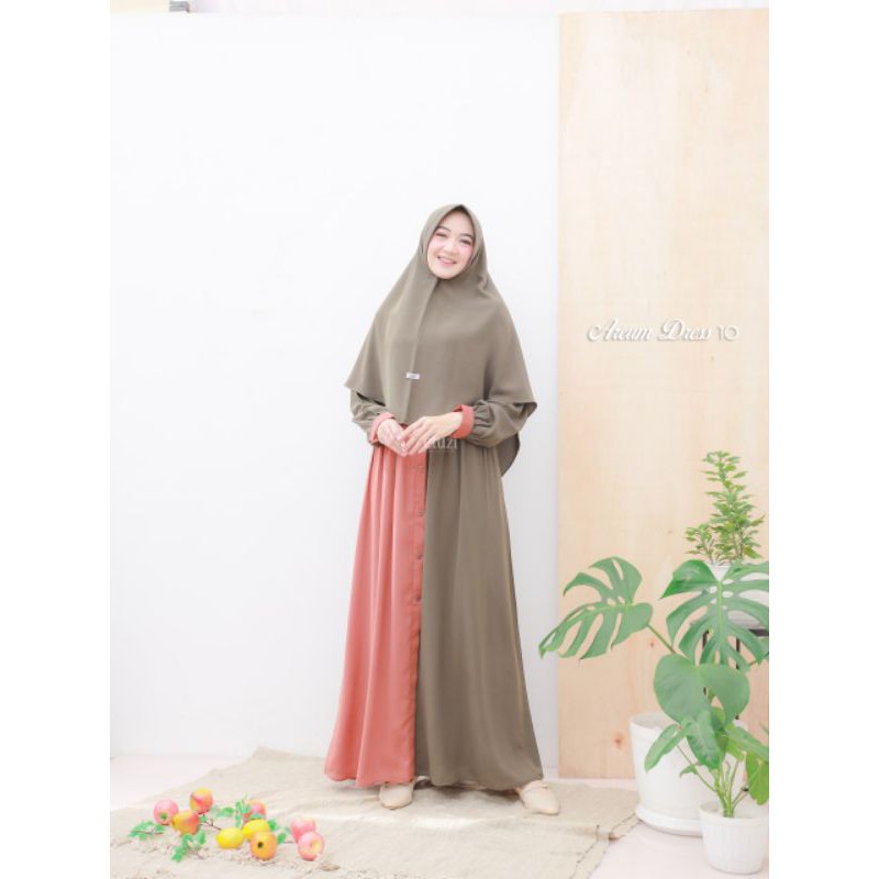 Areum Dress Set Khimar by Etuzi - Gamis Two Tone Cantik Murah - Gamis Wollycrepe Original - Button D