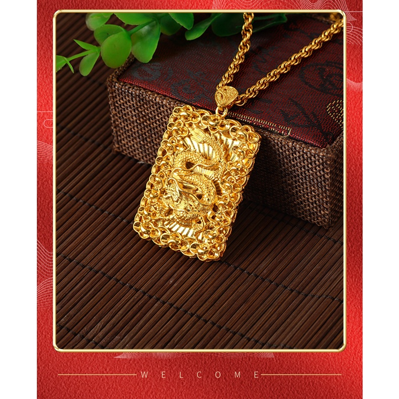 Liontin Bentuk Kotak Desain Naga Lapis Emas Asli Kadar 375 Gaya Bangkok Untuk Pria