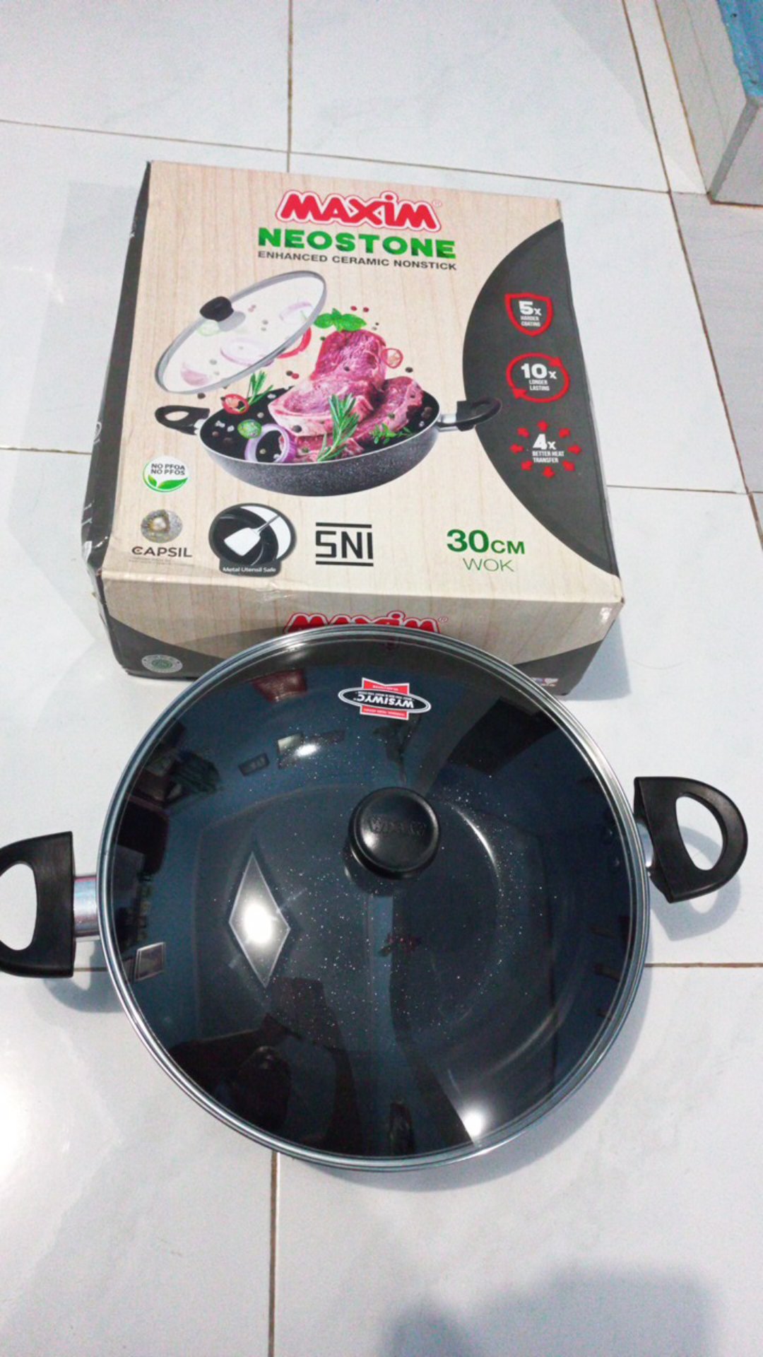 Maxim Neostone Wajan Wok 30cm  | Wajan Anti Lengket Marble Keramik + Tutup Kaca 30 Cm