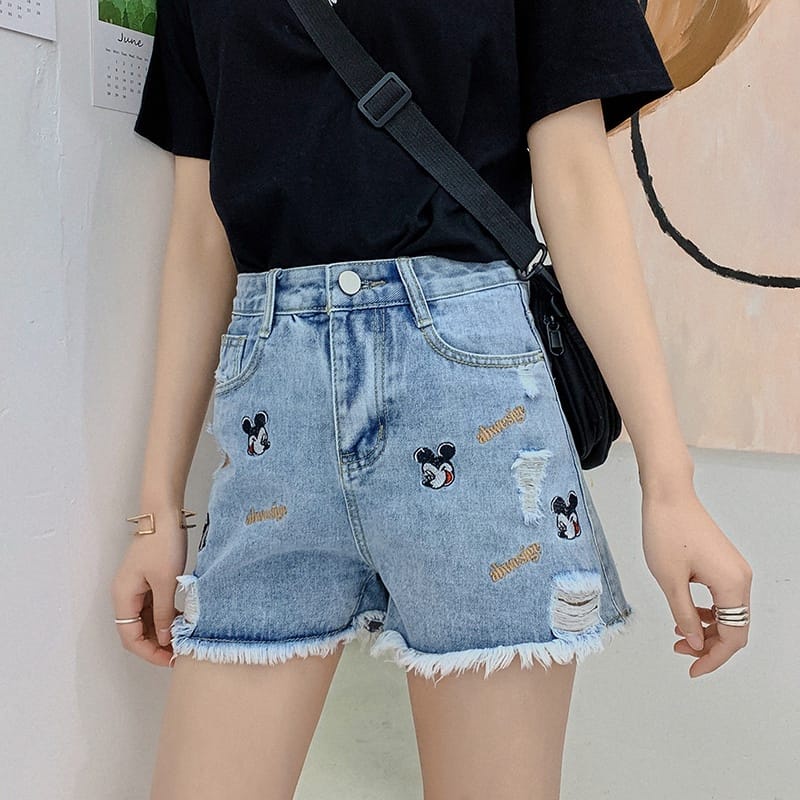 Celana Hot Pants High Waist Jeans Wanita Bordir Micky Mouse