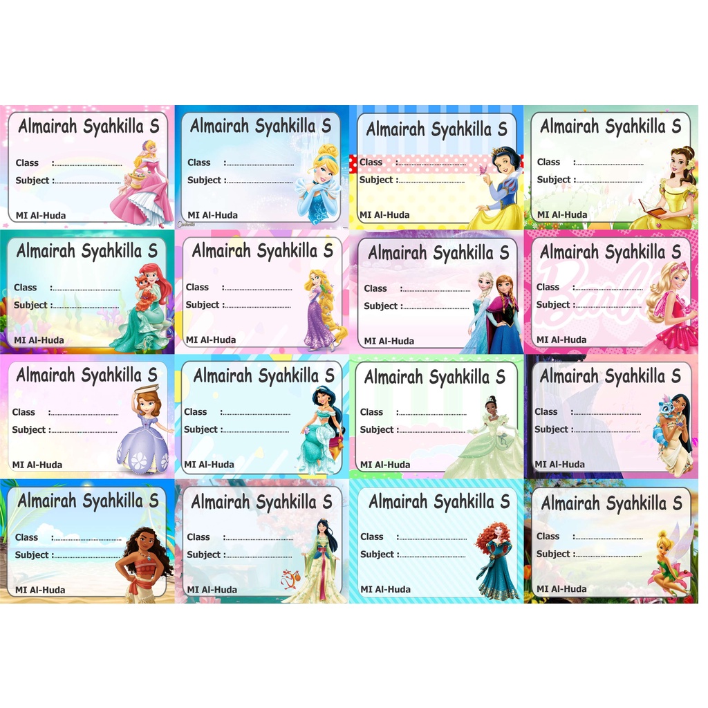 

Princess Label stiker buku nama kelas mapel custom