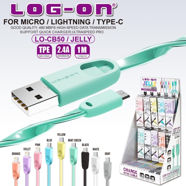 Kabel Data Kabel Charger Micro-Androit-IOS-Iphone-Apple-Type C 2.4A Kabel Jelly LOG-ON LO-CB50 100CM