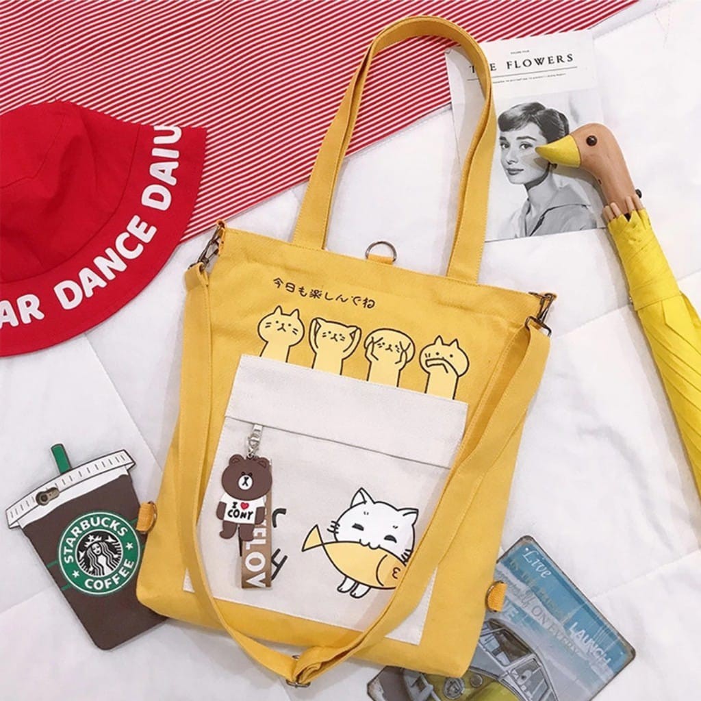 TAS TOTE BAG CANTIK RESLETING TERBARU KARAKTER FISH CAT TOTEBAG WANITA MULTIFUNGSI KOREA CANTIK C