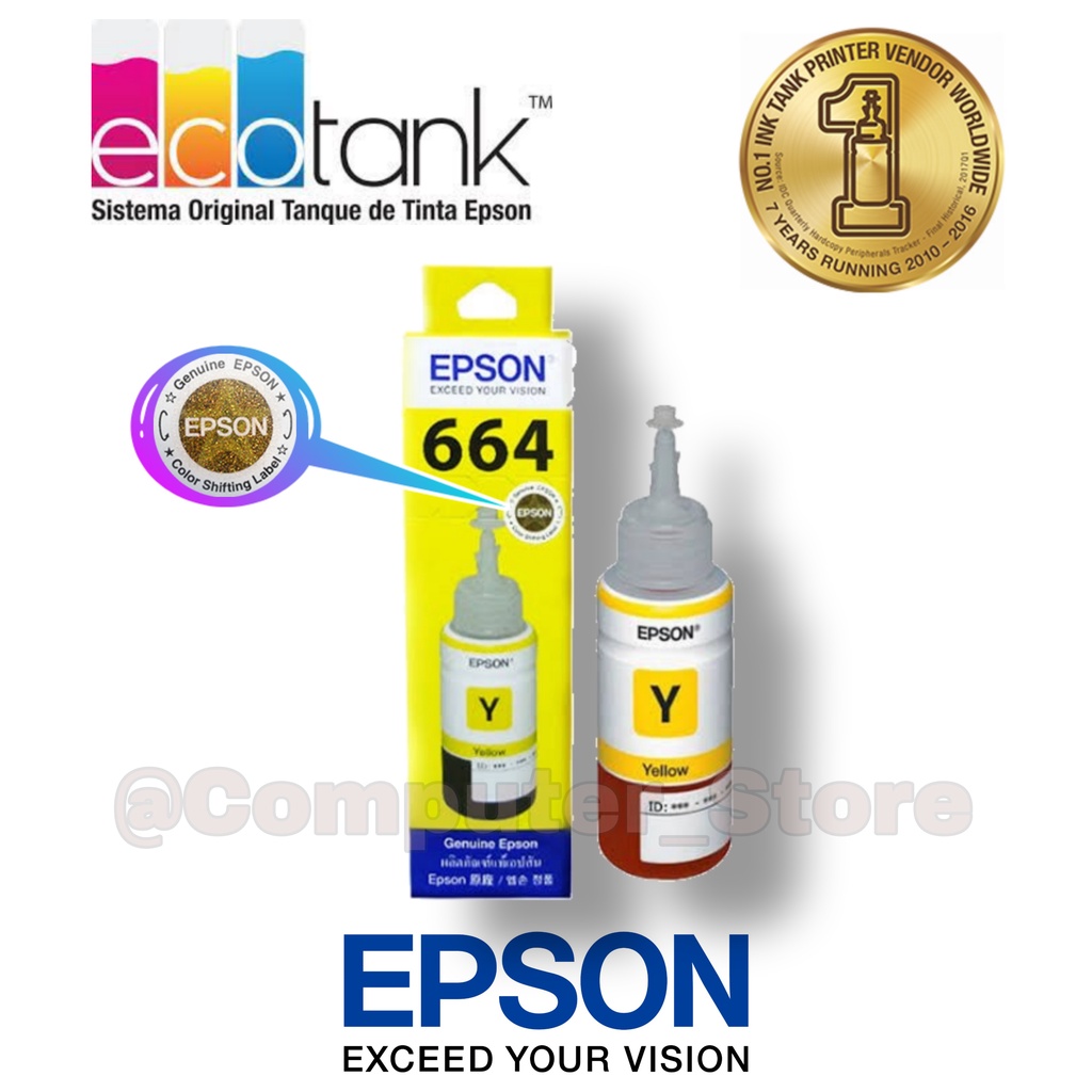 Epson Ink Bottles T664 Black Colour ( Cyan, Magenta, Yellow ) | 664 Tinta Botol Printer Hitam Dan Warna Untuk Printer Epson Seri L210, L200, L110, L100, L220, L300, L310, L350, L355, L360, L365, L380, L385, L1300, L1455 -Geniune Product