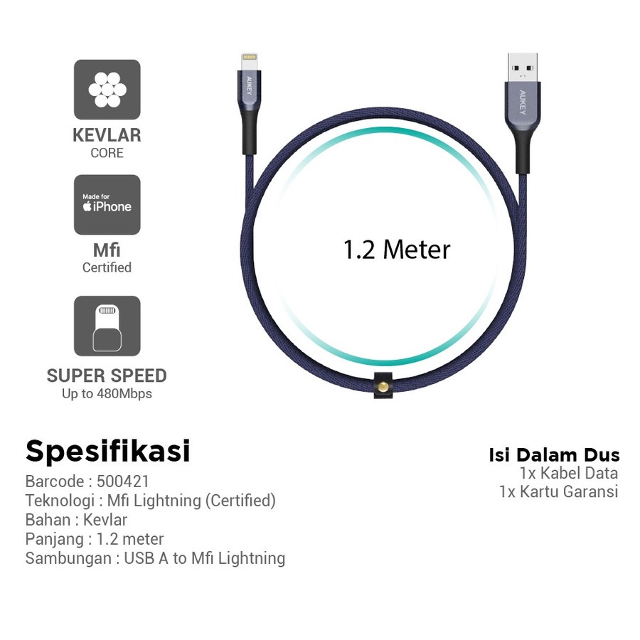 Aukey Cable CB-AKL1 MFI USB A To Lightning Kevlar 1.2 M Blue - 500421