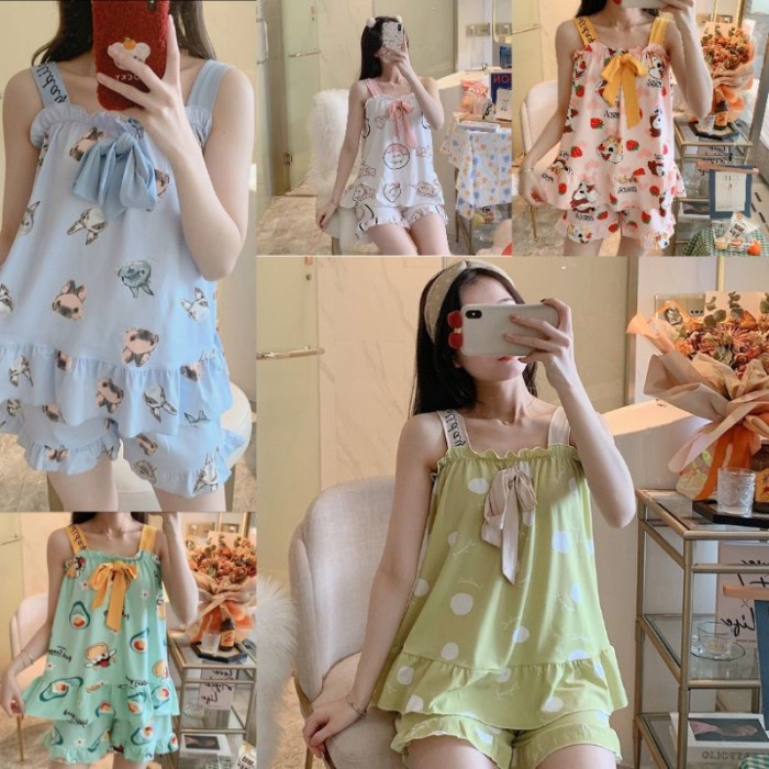 SETCEL PIYAMA BAJU TIDUR HOTPANTS TANKTOP SEXY WANITA DEWASA SPANDEK IMPORT PENDEK SETELAN CELANA HO