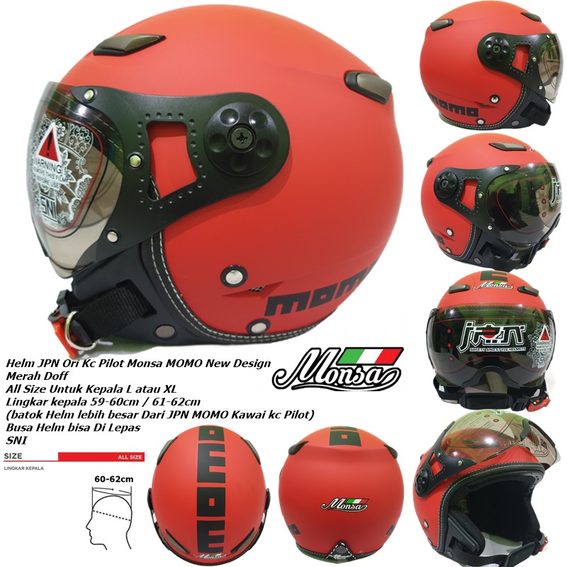 Helm Bogo Dewasa Kaca Pilot Retro Klasik JPN MONSA MOMO / Kawai Vintage Kaca Riben Merah Fire Red Do