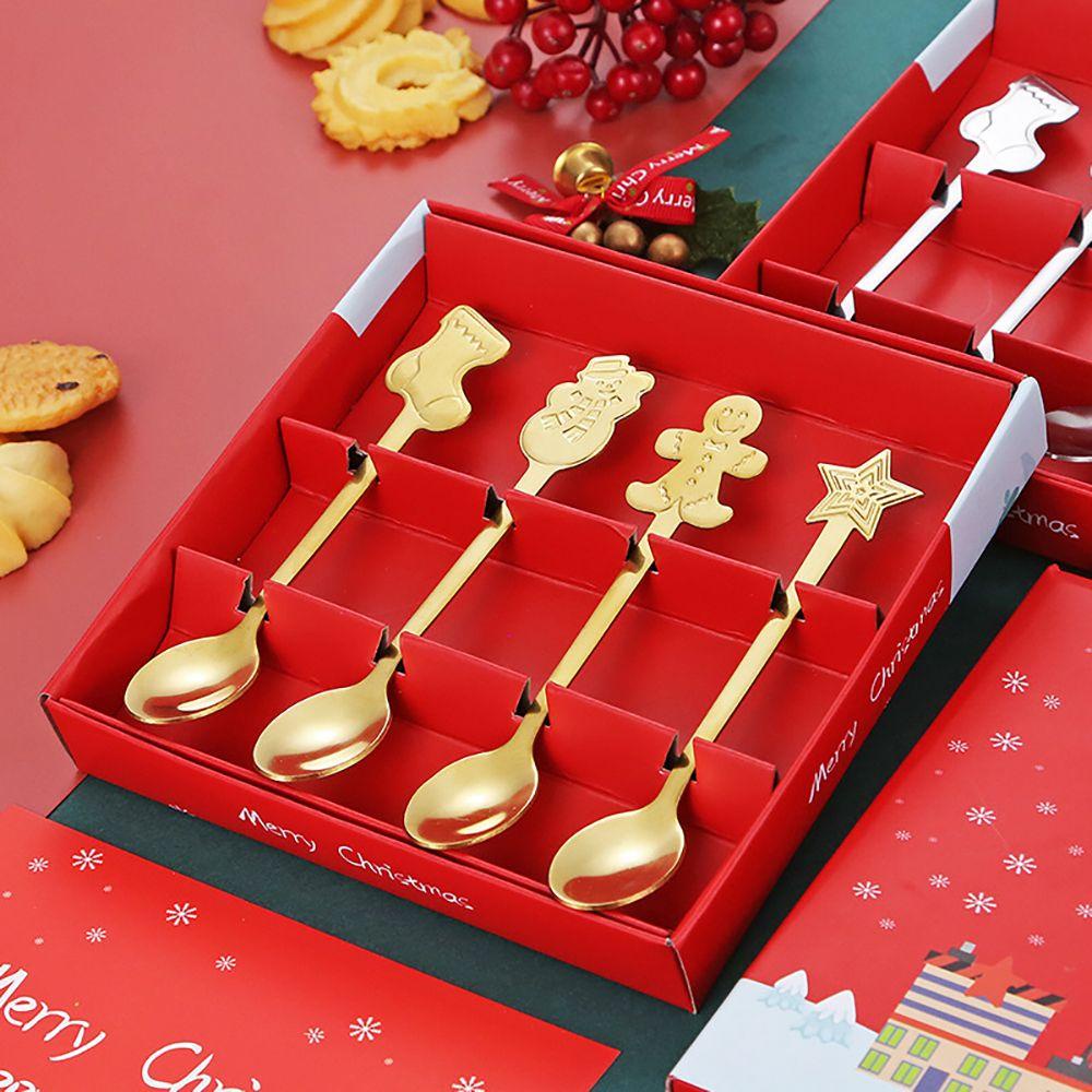 Top 4 Pcs Natal Sendok Desserts Xmas Perlengkapan Stainless Steel Gingerbread Man Tea Scoop